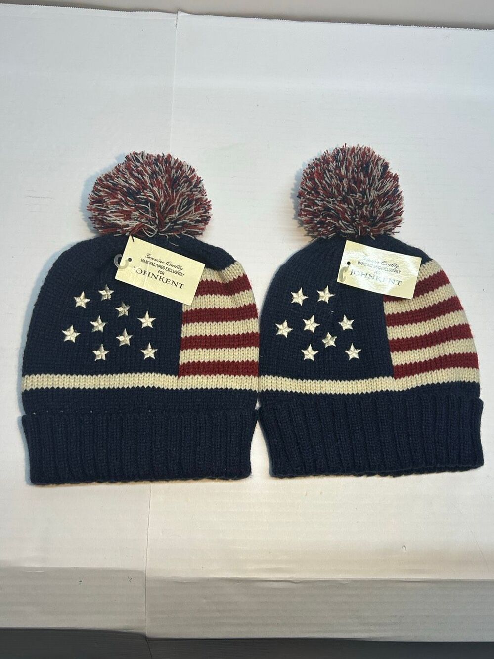 NWT Lot 2 John Kent American Flag Beanie Knit Pom Pom Hats Stars Stripes USA